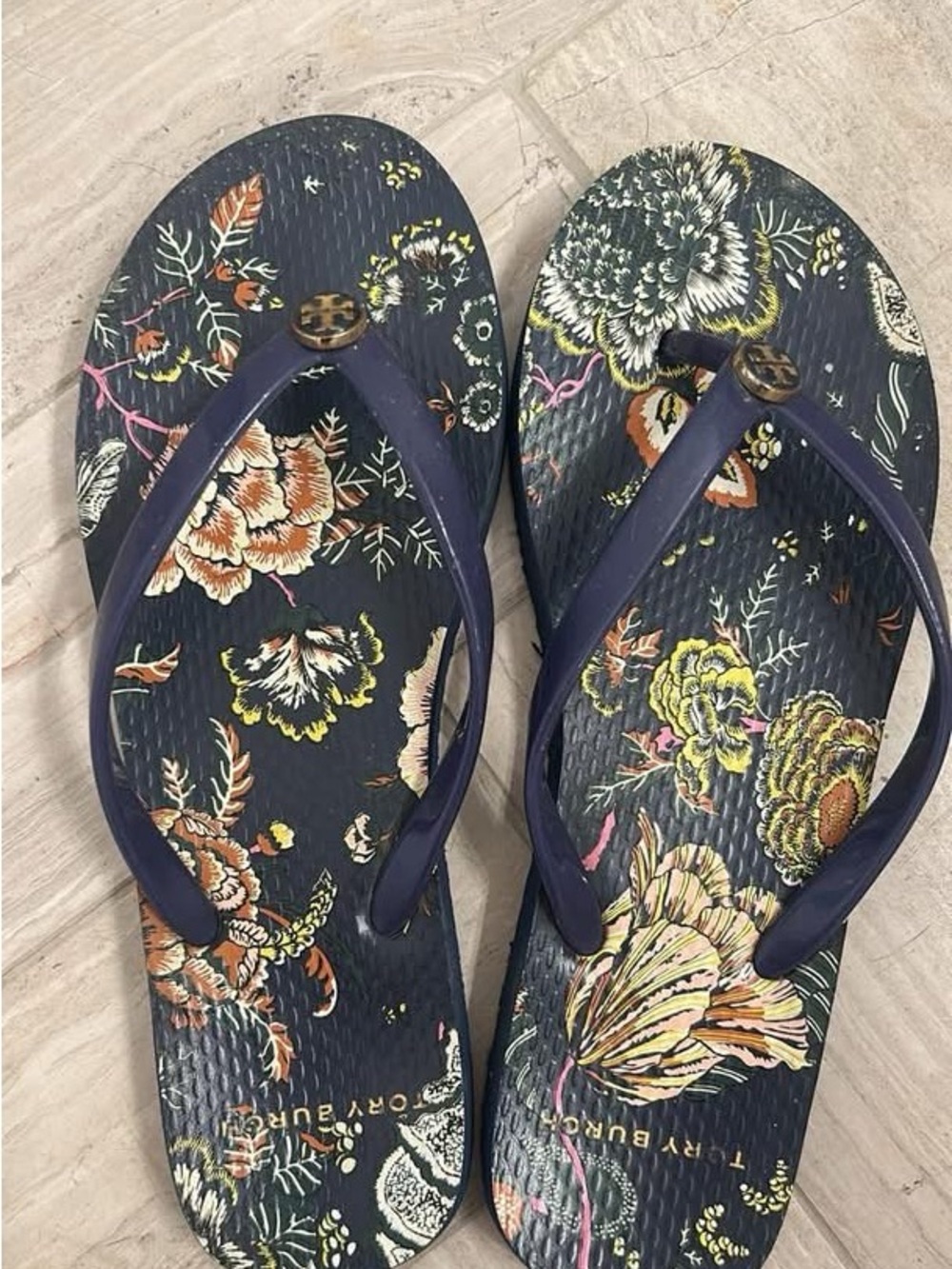 Tory Burch size 7 Navy Floral Logo Flip Flops